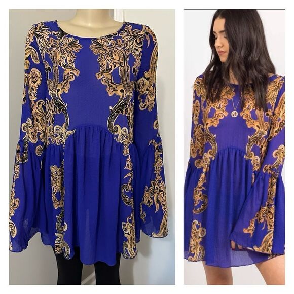 Free People Intimately Size Small Royal Blue Gold Sheer Dress Cover Up Oversized - Picture 1 of 9